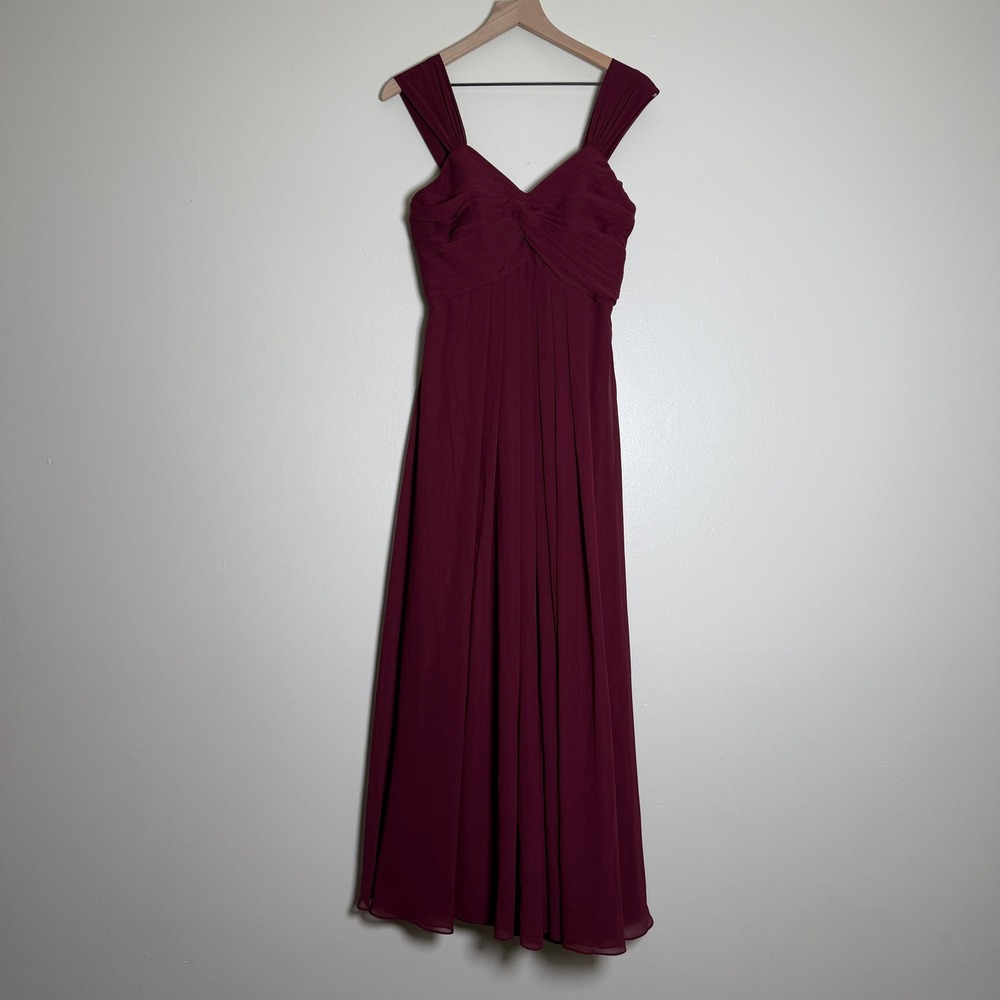 Azazie Womens Dress A4 Burgundy Ruched Chiffon Maxi V-Neck Formal Bridesmaid